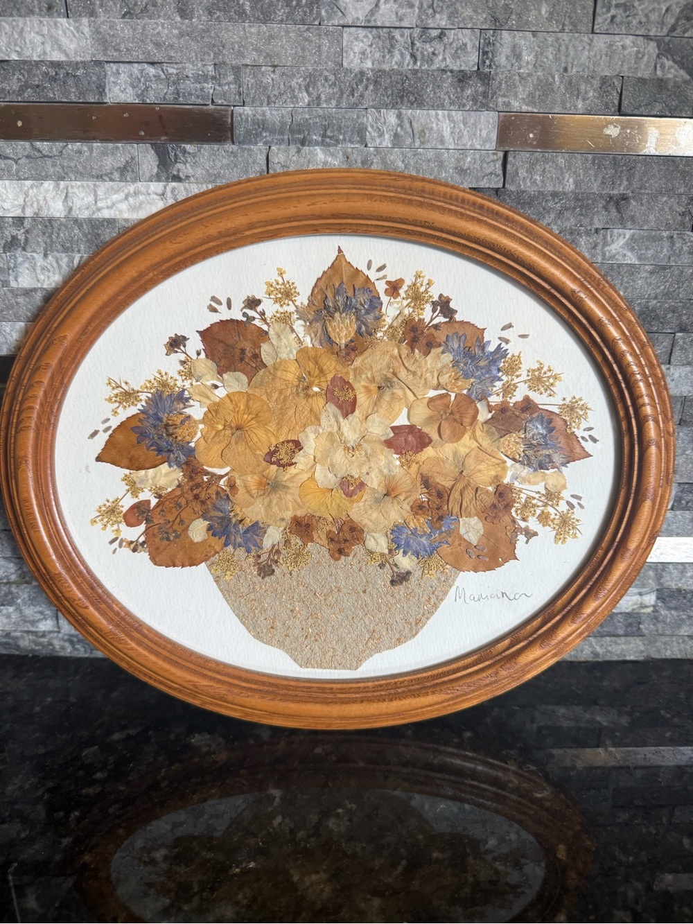 Vintage Boho Granny Core 9.5x11.5 Oval Wood Framed Pressed Flower Basket Picture